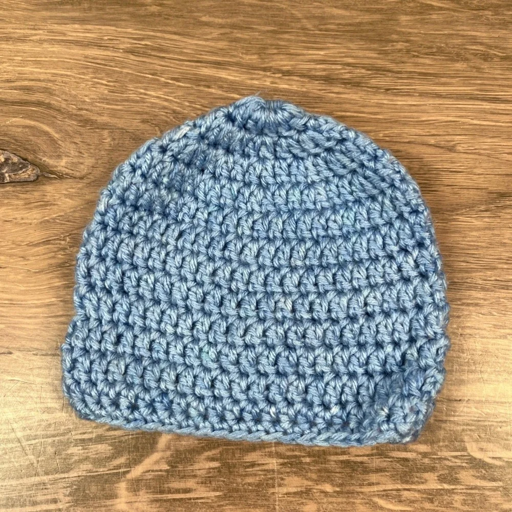 Handmade Beanie Set Baby Blue White Knit Crochet Winter Hats 3pk